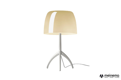 Foscarini Lumiere Grande designlamp in warm-wit glas, sfeervolle verlichting met strak onderstel in geborsteld aluminium.