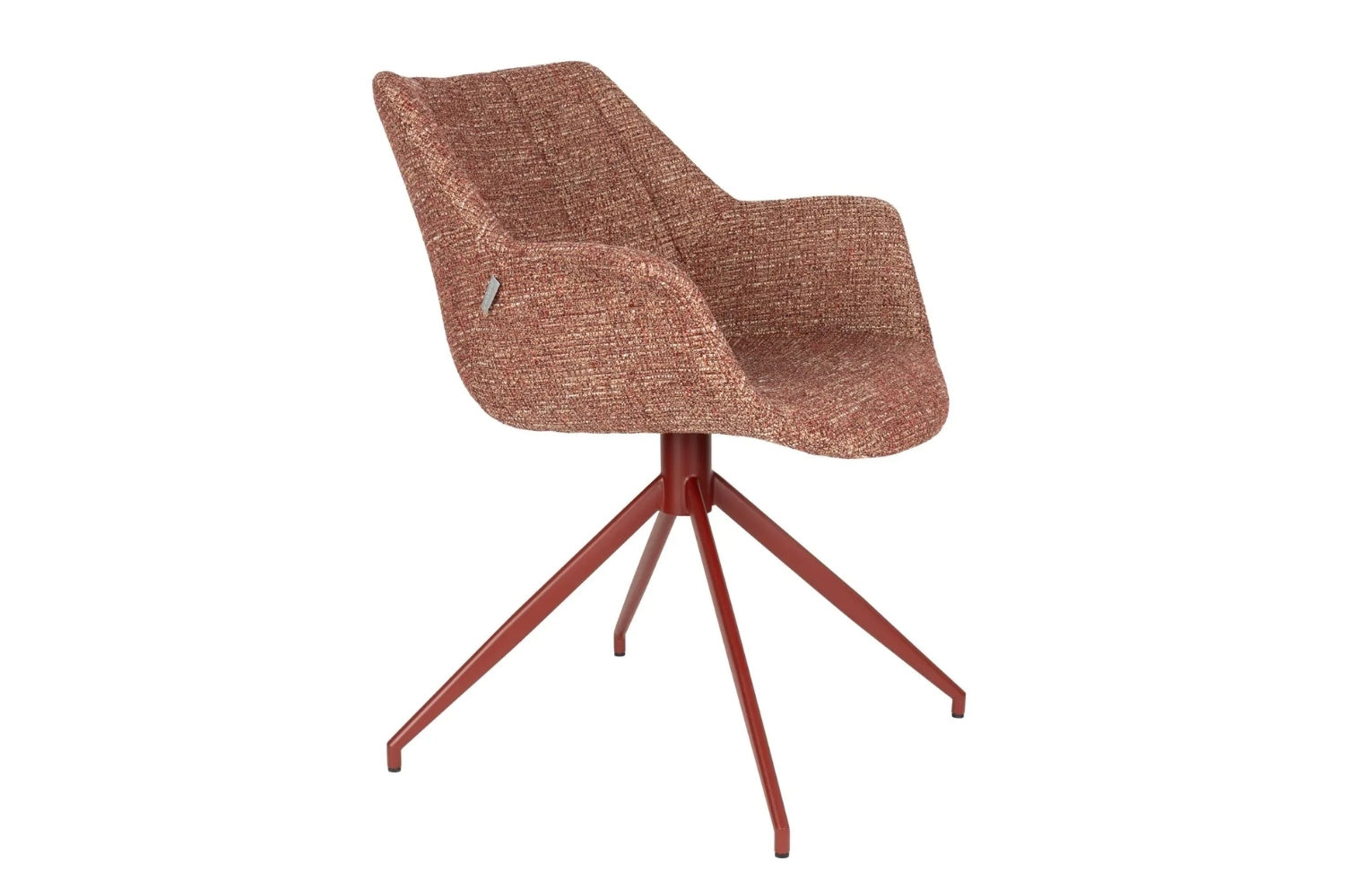 Zuiver Doulton eetkamerstoel rood gemêleerde stof met rood metalen draaivoet opvallende design kuipstoel voor restaurant interieur projectinrichting en kantoor